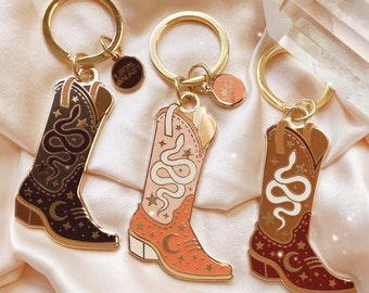 Cosmic Cowgirl Enamel Boot Keychain - Serpent Crescent Moon - Black, Blush Pink, or Brown - Gift for Friend - Cowboy Boot - Local Galaxy