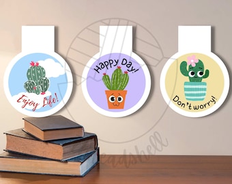 Printable Magnetic Bookmark - Cute Cactus - Circle Shape - PNG