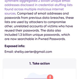 Op de afbeelding: Een screenshot van een mobiele telefoon toont een inbreukrapport met de titel "SynthientCredentialStuffing" van april 2025. Het rapport beschrijft een datalek met 2 miljard e-mailadressen en 1,3 miljard wachtwoorden. Het rapport beveelt aan om wachtwoorden te wijzigen.