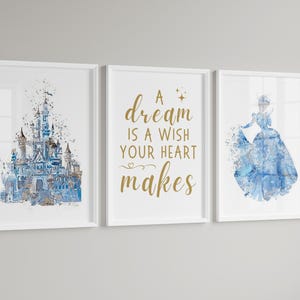Cinderella- A dream is a wish- gold, black, blue. multiple size ratios. Silhouette, princess, gifte gifts gifted