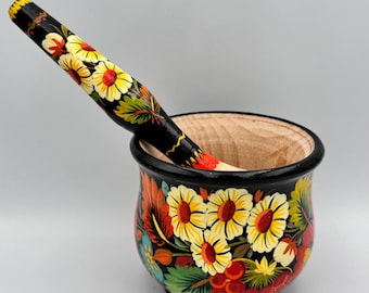Hand-Painted Mortar and Pestle: Petrykivka Floral Herb Grinder|Ukrainian kitchenware