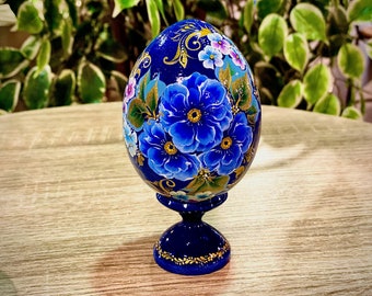 Handmade painting egg in blue flowers |Wooden painted egg on a stand |Sky blue flowers on an Easter egg| Ukrainian wood painted egg| For her