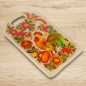 Wooden decorative kitchen board,painted with a fabulous character - a rooster in flowers|Excellent cutting board as home interior decoration