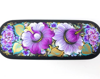 Exclusive Women&#39;s Glasses Case| Floral-painted metal glasses case| Hard case for eyeglasses|Fantastic purple flowers on glasses case|Present
