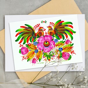 Mini imagem do autor real - cartão de felicitações|Desenho original baseado na pintura de Petrikov|Guache artístico|Decoração para casa|Pintura, artes e ofícios