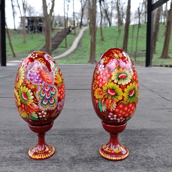 Ukrainian Easter egg| Decorative wooden Easter egg on a separate stand|Ukrainian pysanka, painted with Petrykivka painting| Ukrainian gift