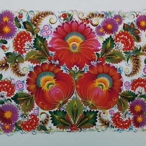 May include: A traditional Russian folk art painting featuring a floral design with red, pink, yellow, and green flowers. The background is white with brown and green leaves and stems.