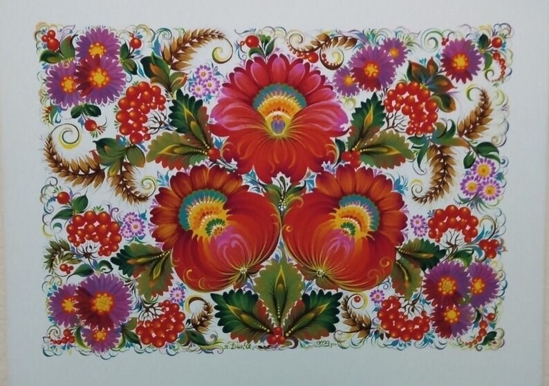 May include: A traditional Russian folk art painting featuring a floral design with red, pink, yellow, and green flowers. The background is white with brown and green leaves and stems.