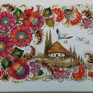 May include: A painting of a white house with a thatched roof, surrounded by red berries, green leaves, and colorful flowers. The house is set against a white background with a few birds flying in the sky.