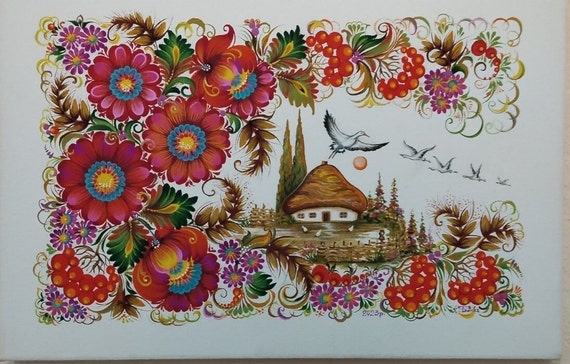 Painting on canvas,painted with acrylic paints, egg tempera|Artwork in style of Petrikovsky painting|Small Ukrainian painting|Ukrainian gift