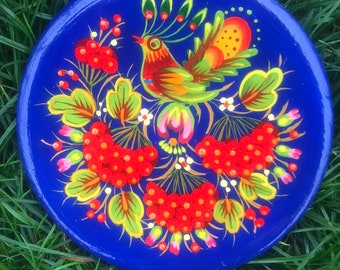 Decorative wooden plate|Small round souvenir plate|Cockerel in flowers, folk painting of Ukraine |Wall plate, painted with Petrikov painting