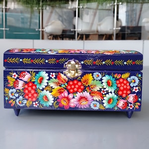 Large decorative wood jewelry box| Exclusive rectangular wooden box painted with fabulous flowers and birds in style of Petrykivka painting