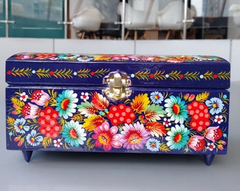 Large decorative wood jewelry box| Exclusive rectangular wooden box painted with fabulous flowers and birds in style of Petrykivka painting