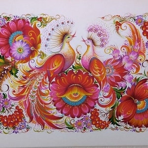 May include: A colorful painting of two red and yellow birds with intricate floral designs and red berries. The birds are facing each other and have long, flowing tails. The background is white.