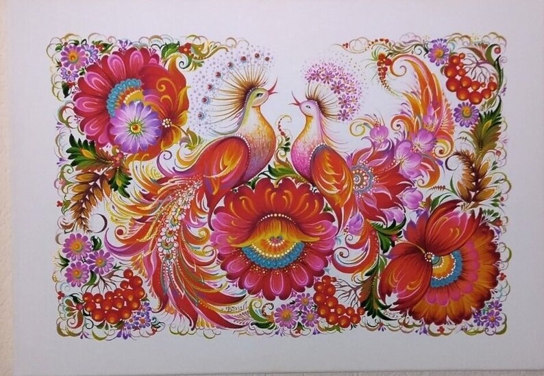 May include: A colorful painting of two red and yellow birds with intricate floral designs and red berries. The birds are facing each other and have long, flowing tails. The background is white.
