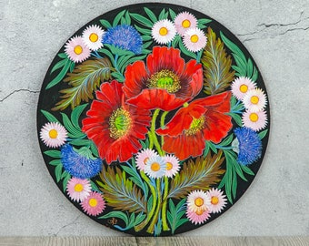 Round wall plate on heavy cardboard with hand-painted painting|Unusual hand-painted flowers on wall plate|Red poppies in Ukrainian art|Decor