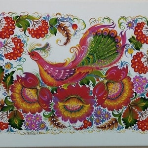 May include: A colorful painting of a bird with a long tail, surrounded by flowers and berries. The bird is pink, yellow, and green, and the flowers are red, yellow, and pink. The berries are red.