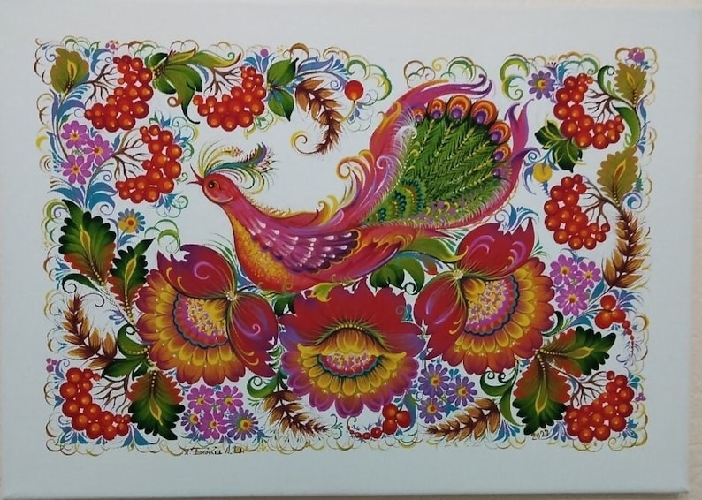 May include: A colorful painting of a bird with a long tail, surrounded by flowers and berries. The bird is pink, yellow, and green, and the flowers are red, yellow, and pink. The berries are red.