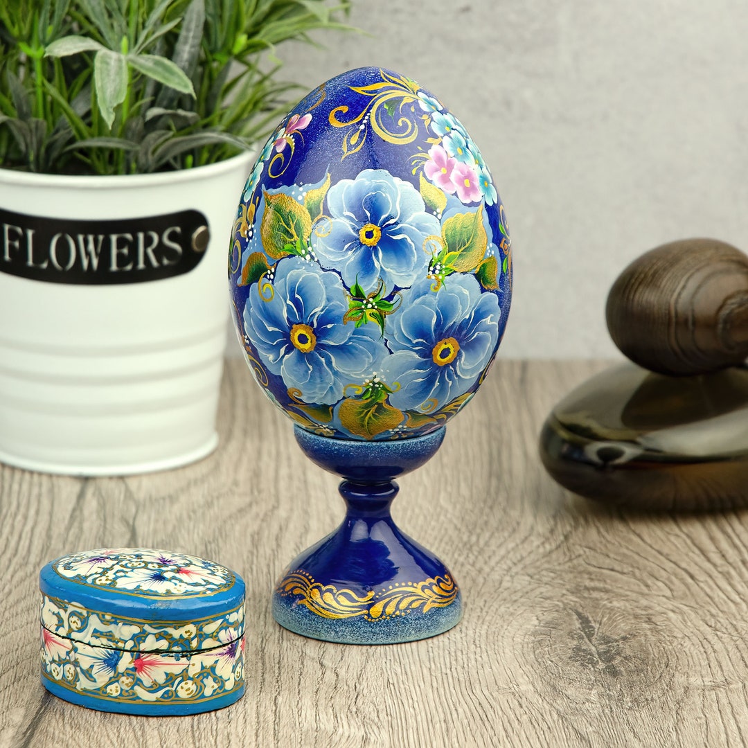 Ukrainian Easter Egg |handmade Painting Egg in Blue Flowers |wooden ...