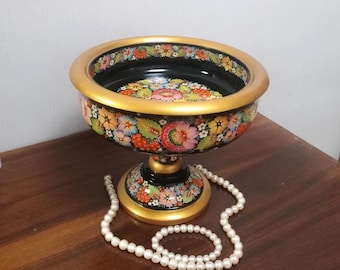 Jarrón decorativo ucraniano / Jarrón de madera pintado con motivos florales / Cuenco de madera para dulces