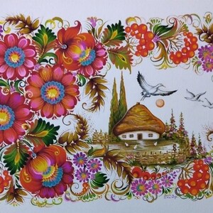 May include: A folk art painting featuring a whimsical cottage with a thatched roof, surrounded by colorful flowers and birds in flight. The painting is done in a traditional Russian style, with bright colors and intricate details.