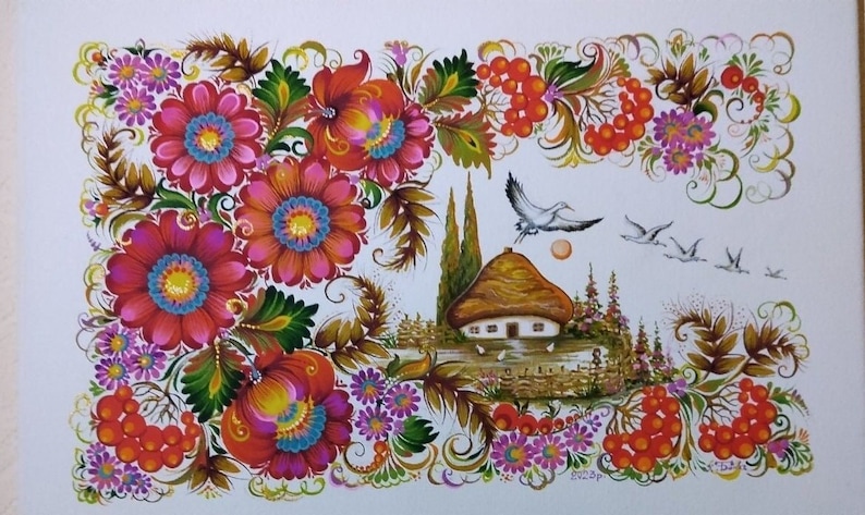May include: A folk art painting featuring a whimsical cottage with a thatched roof, surrounded by colorful flowers and birds in flight. The painting is done in a traditional Russian style, with bright colors and intricate details.