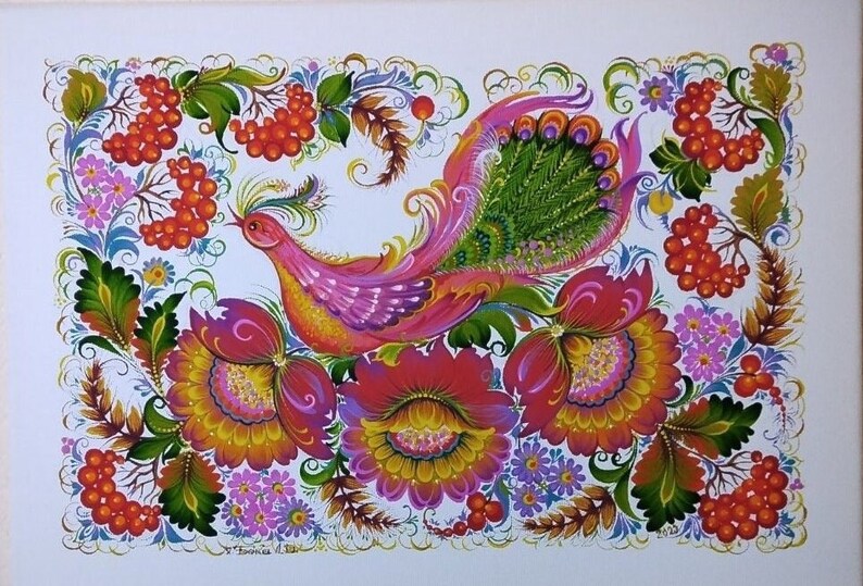 May include: A colorful folk art painting of a pink and yellow bird with a green tail, surrounded by red berries, green leaves, and pink and yellow flowers.