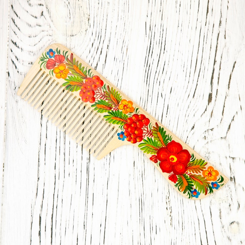 Natural wood hair comb Hand painted hair comb Ukrainian hair accessories Made in UkraineHand-painted wooden hairbrush Floral painting image 8