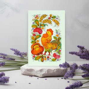 Pequena pintura original (3,94 x 5,9 polegadas) do autor em papel Whatman | Pintura de Petrykivka em cartões postais originais do artista | Cartão postal floral