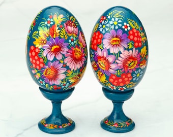 Ukrainian Easter egg| Wooden decorative Easter egg, painted with Petrikov painting | Ukrainian pysanka | Egg holder - separate from the egg