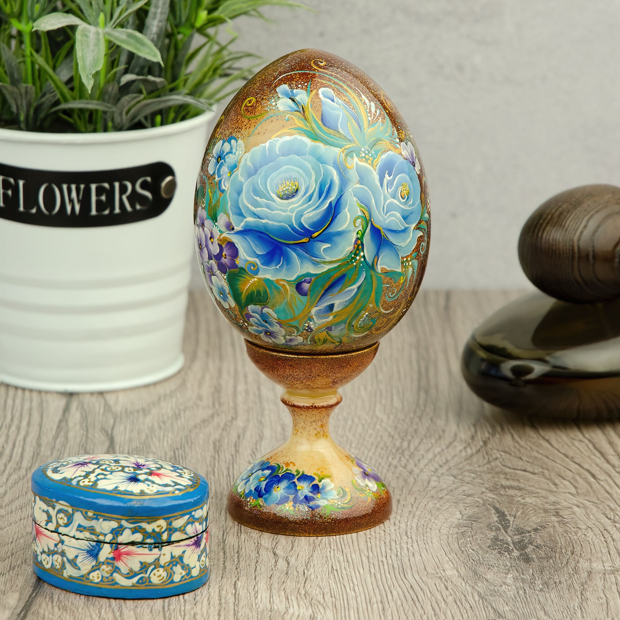 Ukrainian Easter Egg |handmade Painting Egg in Blue Flowers |wooden ...