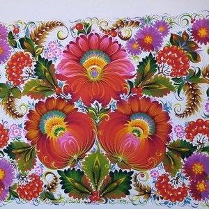 May include: A traditional Russian folk art painting featuring a floral design with red, pink, and yellow flowers, green leaves, and red berries on a white background.