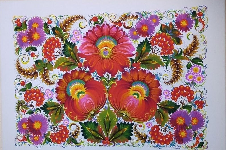 May include: A traditional Russian folk art painting featuring a floral design with red, pink, and yellow flowers, green leaves, and red berries on a white background.