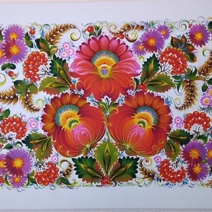 May include: A traditional Russian folk art painting featuring a floral bouquet with red, orange, yellow, and green flowers. The flowers are surrounded by green leaves and brown wheat stalks. The background is white.