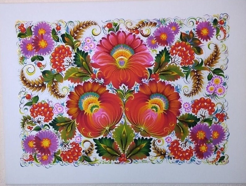 May include: A traditional Russian folk art painting featuring a floral bouquet with red, orange, yellow, and green flowers. The flowers are surrounded by green leaves and brown wheat stalks. The background is white.
