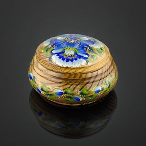 Round jewelry chest blue flowers|Round box with floral ornament|Ukrainian wooden jewelry box| Designer jewelry box| Round wooden box painted