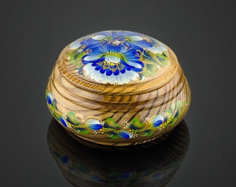 Round jewelry chest blue flowers|Round box with floral ornament|Ukrainian wooden jewelry box| Designer jewelry box| Round wooden box painted