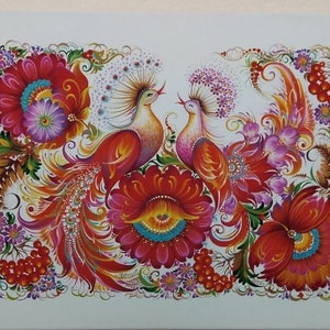 May include: A painting of two red and yellow birds with long, flowing tails. The birds are surrounded by red, pink, and purple flowers and green leaves. The background is white.