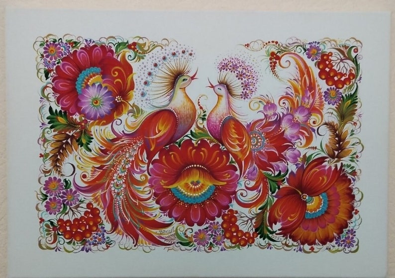 May include: A painting of two red and yellow birds with long, flowing tails. The birds are surrounded by red, pink, and purple flowers and green leaves. The background is white.