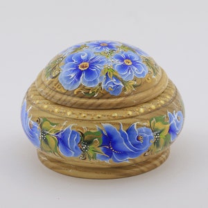 Runde Schmuckschatulle blaue BlumenRunde Schmuckschatulle mit BlumenornamentUkrainische Holzschmuckschatulle Designer Schmuckschatulle Rundes Holzkästchen gestrichen Blau