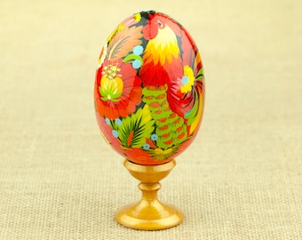 Colorful Wooden Easter Egg with Stand | Petrykivka Cockerel Ukrainian souvenir