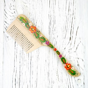Natural wood hair comb Hand painted hair comb Ukrainian hair accessories Made in UkraineHand-painted wooden hairbrush Floral painting image 7