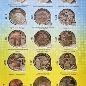 May include: A collection of silver coins commemorating the Ukrainian Armed Forces. The coins feature various designs, including a ship, a soldier, a sunflower, and a plane. The coins are arranged in a grid pattern, with the year of issue printed on each coin.