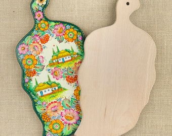 Decorative Applied Arts - Ukrainian Painted Kitchen Board | Wooden painted kitchen board| Picturesque Ukrainian village| Rural landscape