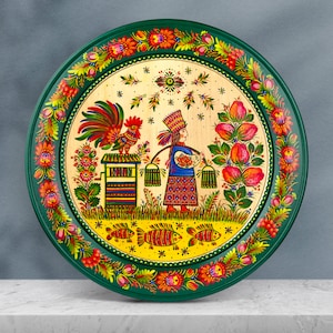 Wall plate with hand painting|Large wooden decorative plate of the Ukrainian artist "Woman-weaver"|Ukrainian folk art - Petrikovsky painting