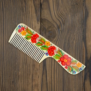 Natural wood hair comb Hand painted hair comb Ukrainian hair accessories Made in UkraineHand-painted wooden hairbrush Floral painting image 1