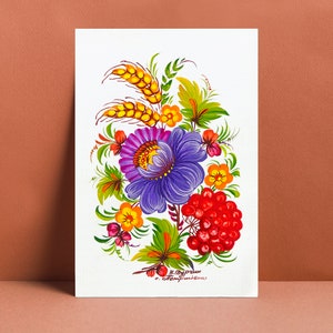 Pintura original del autor en papel Whatman, tamaño pequeño (10 x 15 cm)/ Pintura de Petrykivka en postales originales del artista/ Postal floral