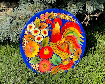 Round decorative dish D12 inc. in Ukrainian authentic style | Large wooden decorative plate, painted with Petrikov painting