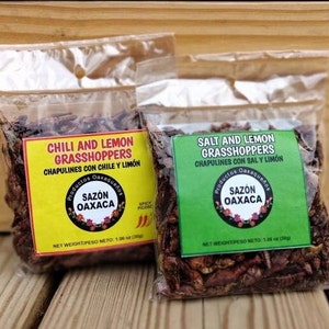 Duo Chapulines Con Sal y Limon y Chile y limon - Salt and Lemon and chili and lemon Grasshoppers - Gourmet edible insects from Oaxaca Mex.