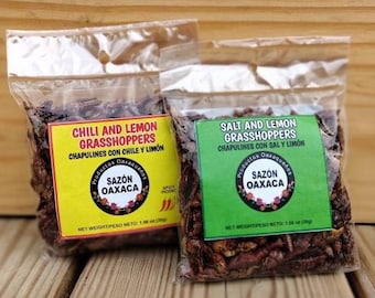 Duo Chapulines Con Sal y Limon y Chile y limon - Salt and Lemon and chili and lemon Grasshoppers - Gourmet edible insects from Oaxaca Mex.